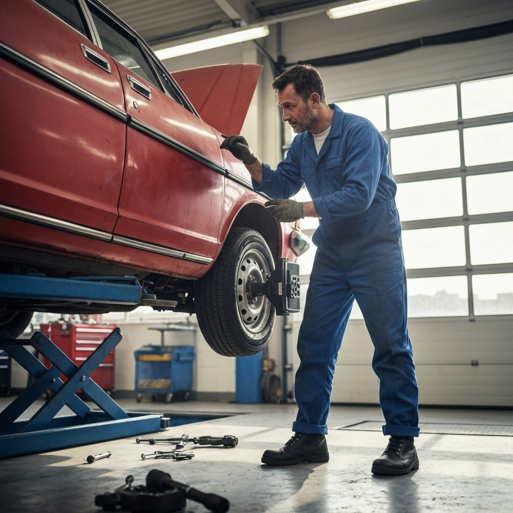 Expert technician performing wheel alignment service
